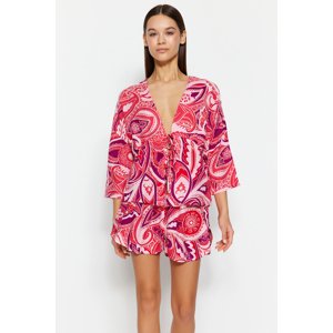 Trendyol Fuchsia Patterned Lacing Detailed Shirt-Shorts Woven Pajamas Set