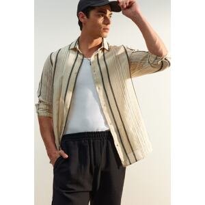 Trendyol Black Men's Regular Fit Striped Etamine Plus Size Linen Look Shirt