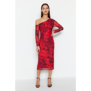 Trendyol Red Lined Asymmetric Collar Knitted Midi Dress