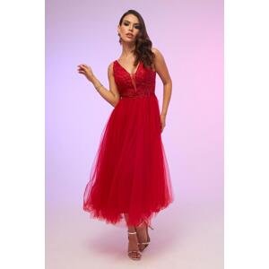 Carmen Red Tulle Low-Rise Midi Dress