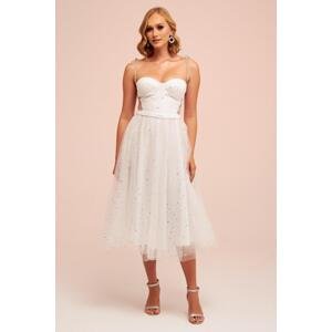Carmen Ecru Tulle Strap Starry Princess Midi Wedding Dress