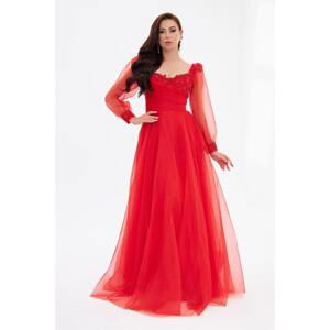 Carmen Red Silvery Tulle Front Embroidered Long Sleeve Engagement Dress