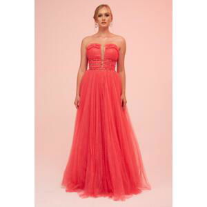 Carmen Coral Strapless Backless Tulle Engagement Dress