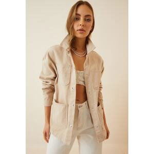 Happiness İstanbul Women's Cream Double Pocket Oversized Jean Jacket RV0008