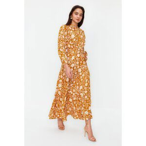 Trendyol Mustard Small Floral Printed Ruffle Detailed Belted Woven Dress