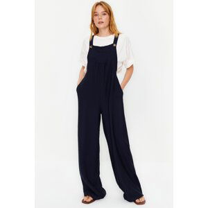 Trendyol Navy Blue Wide Leg Maxi Gilet Woven Linen Look Jumpsuit