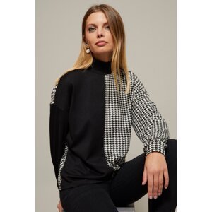 Cool & Sexy Women's Black and White Half Turtleneck Houndstooth Pattern Blouse