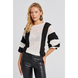 Cool & Sexy Women's Ecru-Black Openwork Knitwear Sweater YV218