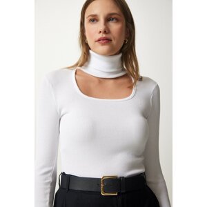 Happiness İstanbul Women's White Cut Out Detailed Turtleneck Ribbed Knitted Blouse