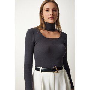 Happiness İstanbul Women's Anthracite Cut Out Detailed Turtleneck Corded Knitted Blouse