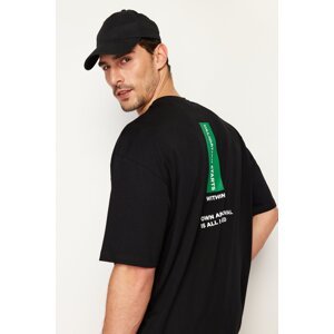 Trendyol Black Oversize/Wide-Fit Crew Neck Text Printed 100% Cotton T-Shirt