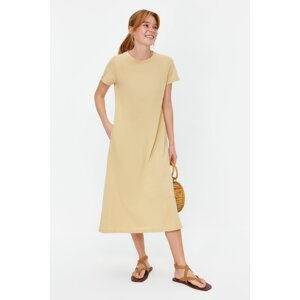 Trendyol Beige Pocket Crew Neck A-Line Knitted Knitted Midi Dress