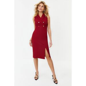 Trendyol Burgundy Button Detailed Slit Fitted/Fitted Midi Woven Dress