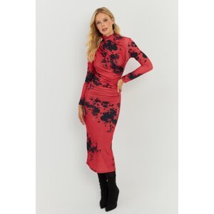 Cool & Sexy Women's Red Gathered Patterned Midi Dress