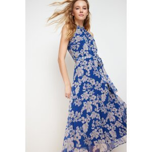 Trendyol Navy Blue Belted A-Line Midi Lined Halter Neck Sleeveless Floral Print Woven Dress