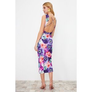 Trendyol Multicolored Floral Printed Back Detailed Gathered Zero Sleeve Flexible Knitted Maxi Dress