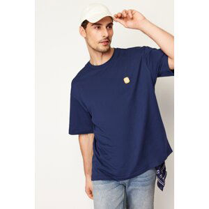 Trendyol Navy Blue Oversize/Wide Cut Short Sleeve Embroidered 100% Cotton T-Shirt