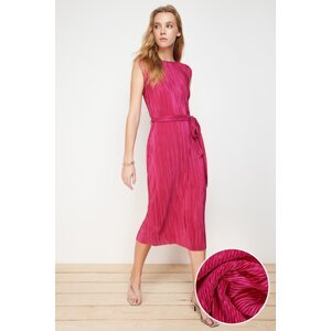 Trendyol Fuchsia Padded Belted Pleated Knitted Midi Dress
