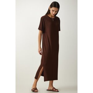 Happiness İstanbul Women's Brown Crew Neck Knitted Ribbed Dress