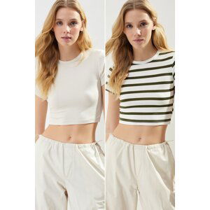 Trendyol Premium Light Stone-Khaki Ecru Striped 2 Pack Viscose Crop Stretchy Knitted Blouse