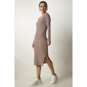 Happiness İstanbul Women's Mink Striped Slit Wrap Knitted Dress