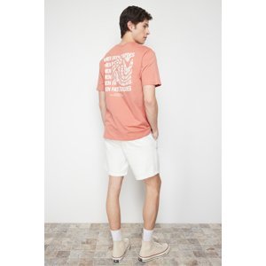 Trendyol Pale Pink Men's Relaxed/Comfortable Cut Text Printed Short Sleeve 100% Cotton T-Shirt
