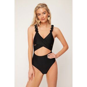 Trendyol Black V Neck Frilly Regular Swimsuit