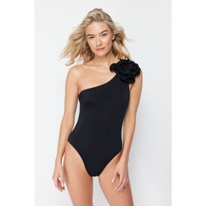 Trendyol Black One-Shoulder Floral Appliqué Regular Swimsuit