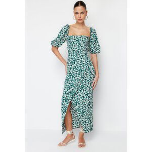 Trendyol Green Floral Balloon Sleeve Viscose Midi Woven Dress