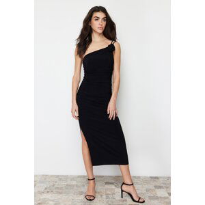 Trendyol Black Accessory Rose Detailed Gathered Body Fitted Flexible Knitted Midi Pencil Dress