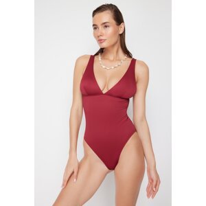 Trendyol Claret Red V-Neck Textured Regular Swimsuit