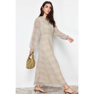 Trendyol Brown Lined Floral Pattern Belted Woven Dress