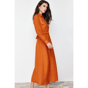 Trendyol Cinnamon Waist Rubber Belted Pocket Detailed Woven Dress