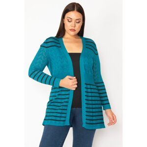 Şans Women's Large Size Green Openwork Knitted Striped Knitwear Cardigan