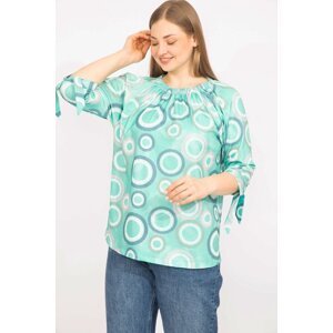 Şans Women's Green Plus Size Blouse with an Elastic Collar and Lace-Up Sleeves