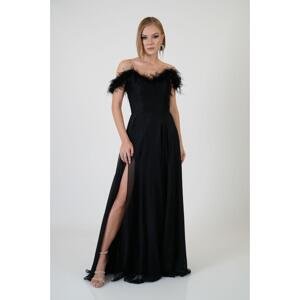 Carmen Black Feathered Slit Chiffon Evening Dress