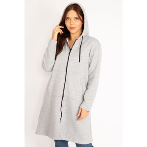 Şans Women's Plus Size Gray Ragged Fleece Fabric Front Zippered Kangaroo Pocket Hooded Coat