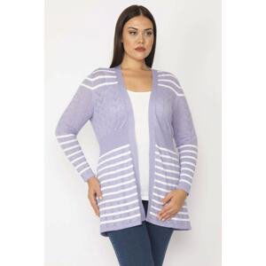 Şans Women's Large Size Lilac Openwork Knitted Striped Knitwear Cardigan