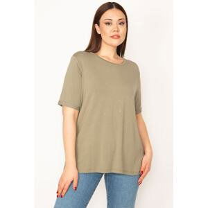 Şans Women's Large Size Khaki Stone Detailed Crew Neck Short Sleeve Blouse