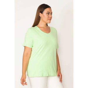 Şans Women's Plus Size Green Cotton Fabric Crewneck Short Sleeve Blouse