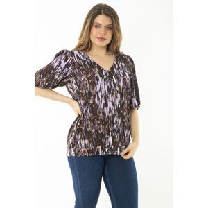 Şans Women's Plus Size Colorful Blouse with Buttons and Elastic Sleeves