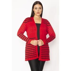 Şans Women's Large Size Red Openwork Knitted Striped Knitwear Cardigan