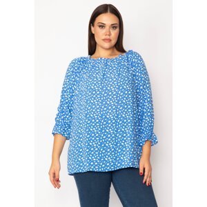 Şans Women's Plus Size Blue Viscose Woven Blouse with Elastic Detail on the Collar and Arms