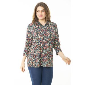 Şans Women's Plus Size Colorful Blouse with Buttons and Capri Sleeves