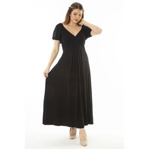 Şans Women's Plus Size Black Wrapped Collar Long Dress With Elastic Detailed Sleeves