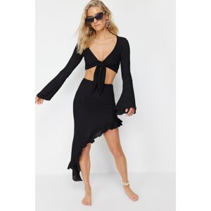 Trendyol Black Fitted Woven Frilly Blouse Skirt Suit