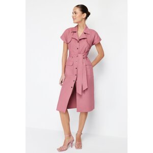 Trendyol Dried Rose Belted Wide Fit Gabardine Midi Shirt Dress