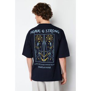 Trendyol Navy Blue Oversize/Wide Cut Mystic Printed 100% Cotton Short Sleeve T-Shirt