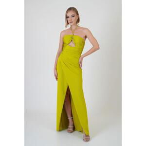 Carmen Pistachio Green Halter Neck Slit Sandy Evening Dress