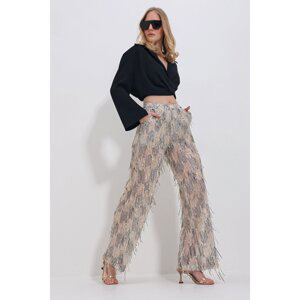 Trend Alaçatı Stili Women's Beige Double Pocket Elastic Waist Sequin Embroidered Tulle Palazzo Trousers